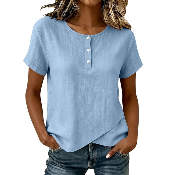 Summer Tee Tops for Women New Women's Cotton Gauze Tops Short Sleeve Crew Neck Button-Up T-Shirt Irregular Hem Lightweight Summer Shirt