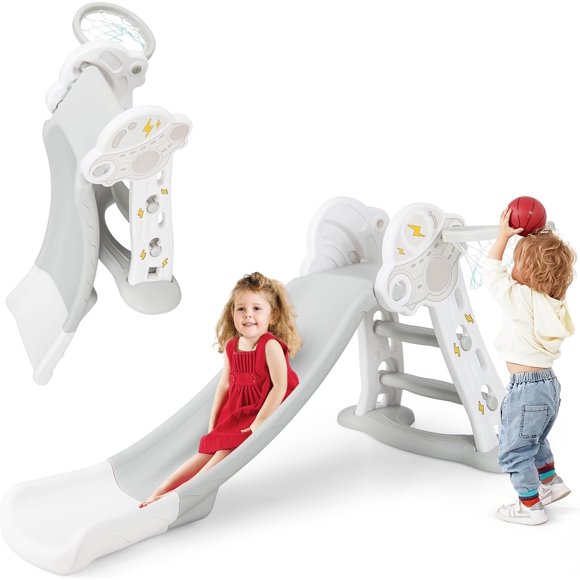 OLAKIDS Glissoire pour Tout-Petit, Glissoire Pliable 3 en 1 pour Enfants d'Intérieur pour 1 à 3 Ans avec Panier de Basketball, Grimpeur d'Extérieur Autoportant Ensemble de Jeu, Pente de Glisse Extra Longue Jouet de Terrain de Jeu en Plastique Robuste