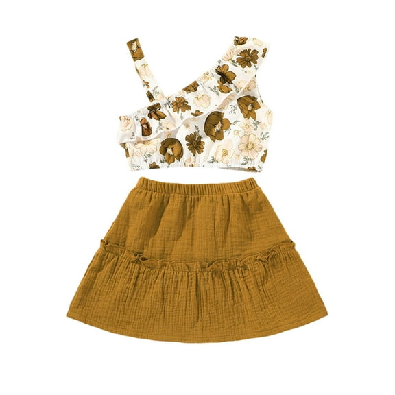Odeerbi Kids Girls Skirt Outfits Summer Clothes 1-7Y Children's Fashion Printed Cotton One Shoulder Ruffle Tops Tiered Skirt Suit Yellow