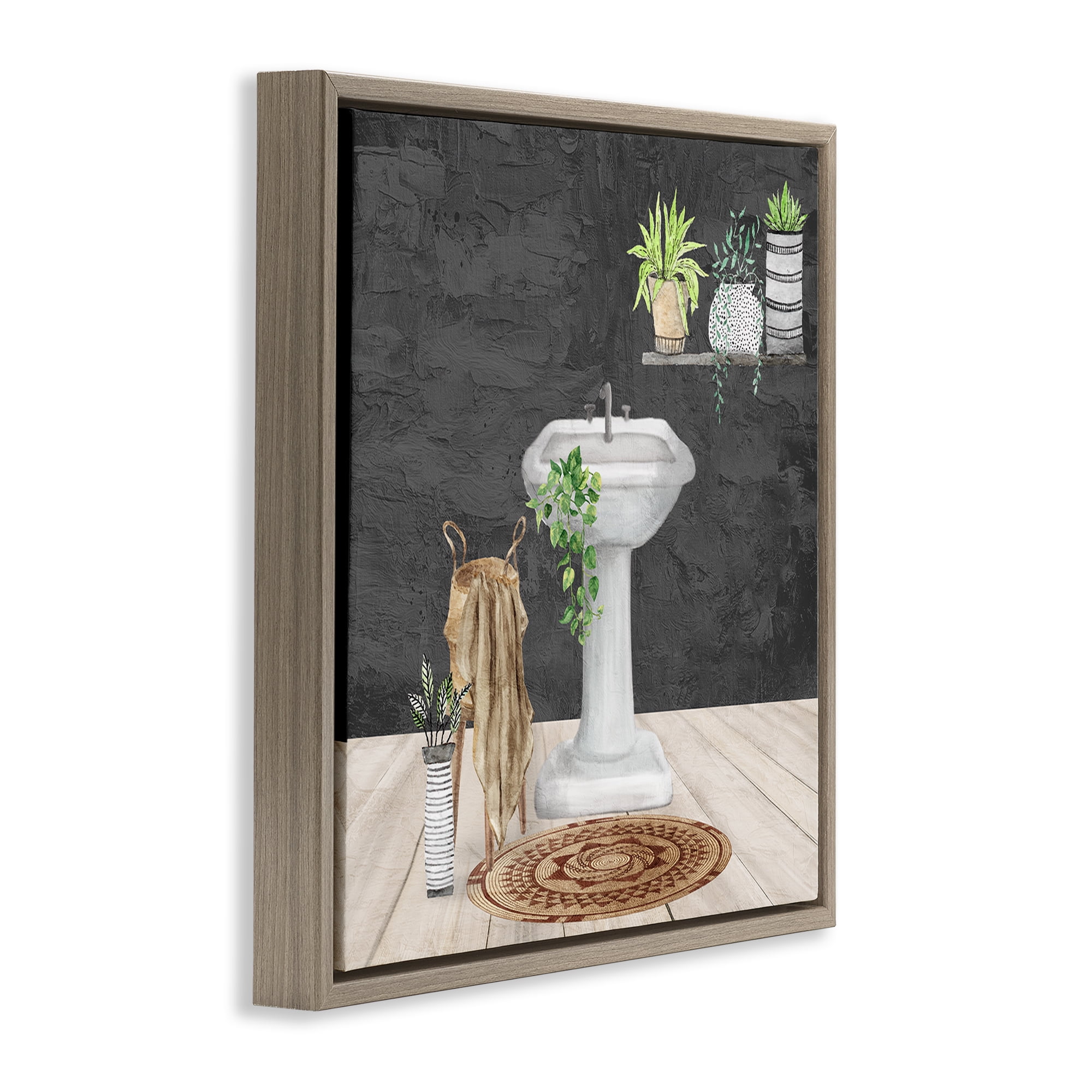 Stupell Industries Relaxing Bathroom View Bath & Laundry Painting Brown Floater Framed Canvas Art Print Wall Art, 18 x 18