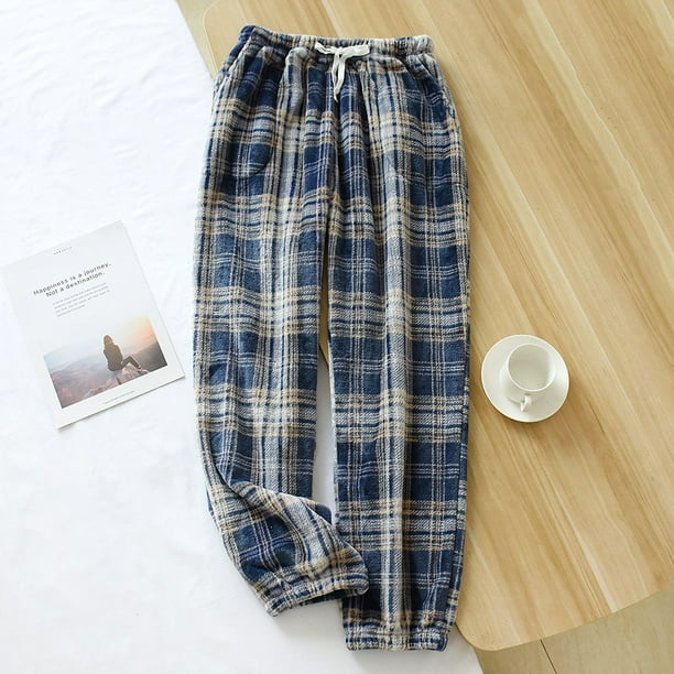 Pantalones de pijama de franela de invierno para hombres y mujeres, pantalones cálidos de polar coral grueso a cuadros con cuello alto para parejas, pantalones de casa con bolsillo