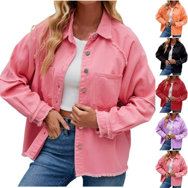 CFLVAEK Veste en Denim pour Femmes, Ourlet Effiloché Usé, Vestes en Jean Décontractées à Boutons, Manteau Tendance d'Automne à Manches Longues avec Revers, Manteau d'Extérieur avec Poche, Rouge, TG