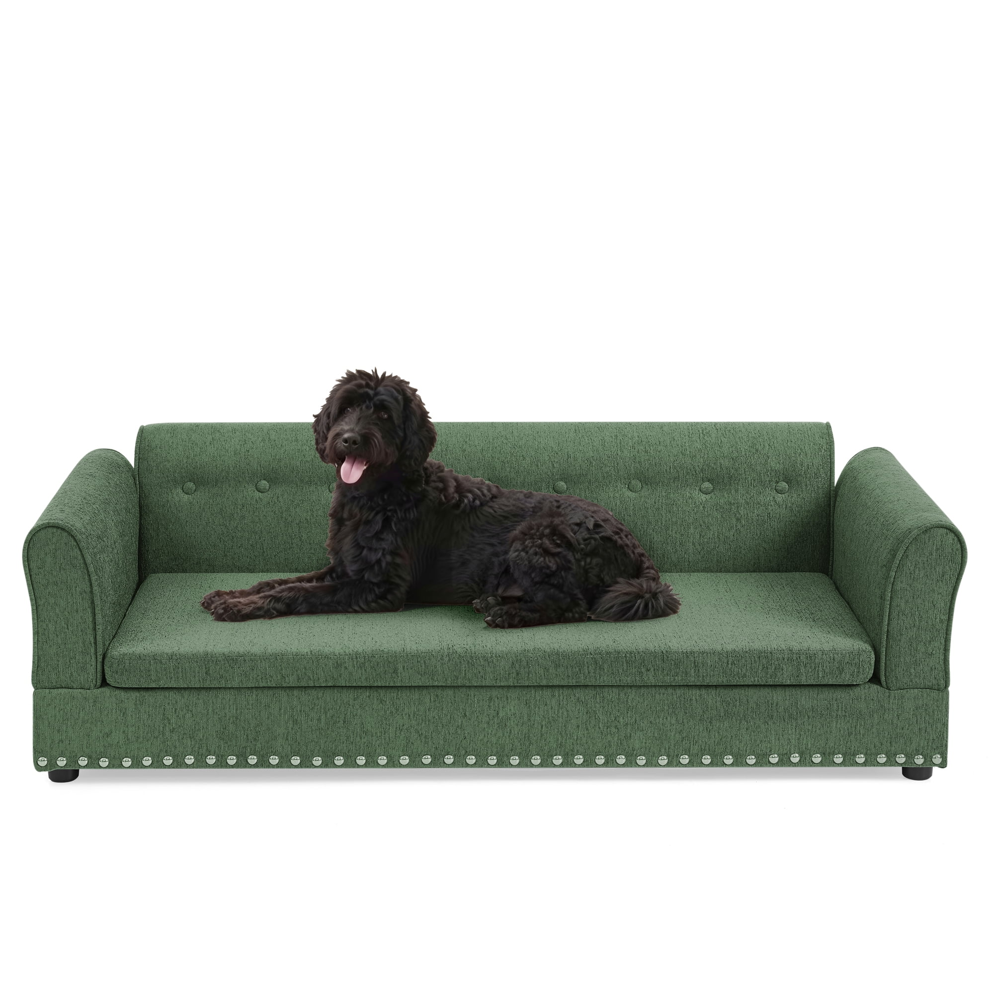 Oversized Pet Sofa, Elegant Modern Linen Fabric Elevated Dog Sofa Bed, Comfortable Oversized Rectangular Pet Bed with Backrest & Armrest for Large & Oversized Dogs, Olive Green