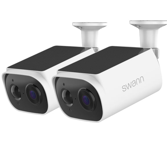 Restored Swann Evo Wireless Outdoor 2K Cameras with Integrated Solar Panel & 2x 16GB MicroSD Cards, 2 pk. SESOL2KBCPK2