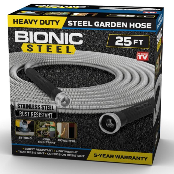 Bionic Steel Boyau d'Arrosage en Acier Inoxydable de 25 Pieds, 5/8 Po, 500 PSI, Sans Pli, Rangement Facile pour Spirale