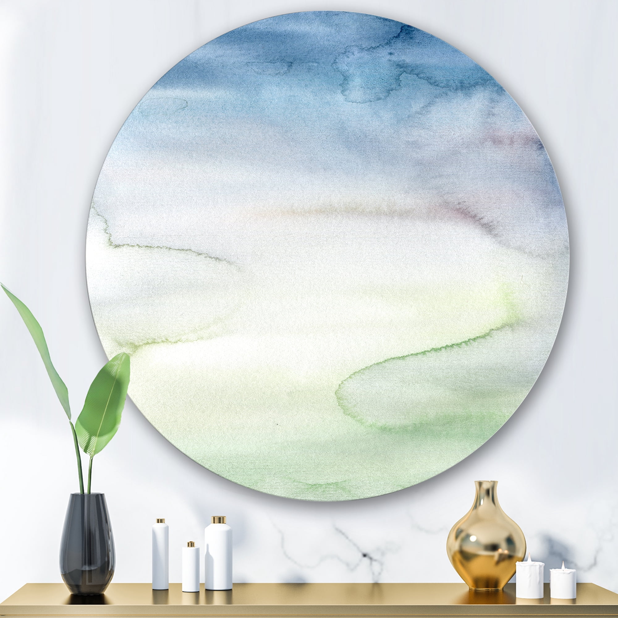Designart 'Pastel Abstract With Green Dark Blue and White Spots' Modern Circle Metal Wall Art 36x36 - Disc of 36