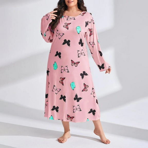 ZhangNan Large Loose Long Sleeve Butterfly Print Drop Shoulder Long Sleeping Dress Soft Breathable Polyester Fabric, One Size, Size XL-5XL