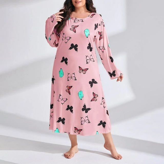 Breezora Robe de Nuit Surdimensionnée à Manches Longues avec Imprimé Papillon, Design Épaule Tombante pour Plus de Confort, Taille TG Rouge