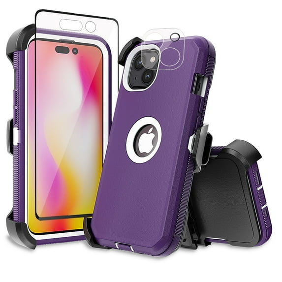 Xhy iPhone 14 Plus Case with Belt Clip Holster+Screen and Lens Protector Military Grade Heavy Duty Shockproof Armor Rugged Durable Detachable for iPhone 14 Plus 6.7 inch 2022 Phone -Purple+White