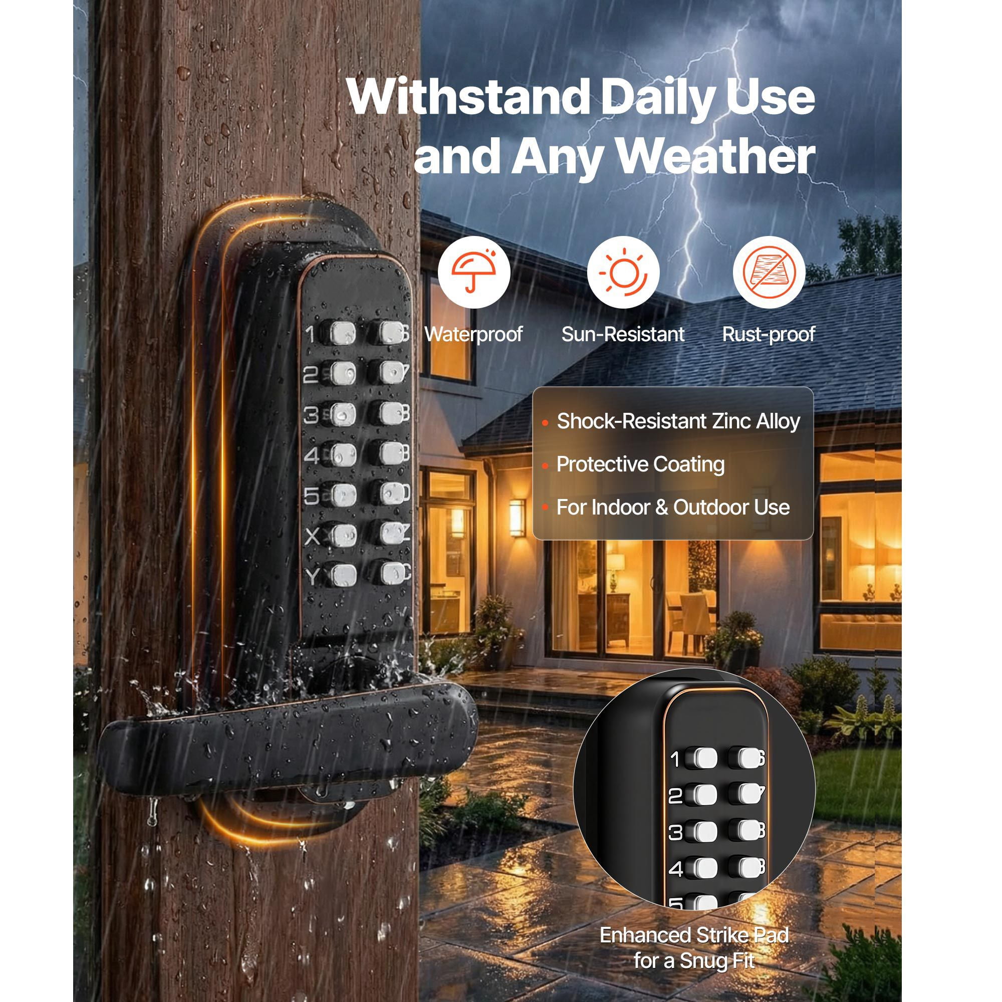 Mechanical Keyless Door Lock Gen2 Double-Sided 4-7 Digit Code No Batteries 1.4-2.5 Inch Door Thickness for Front Gate