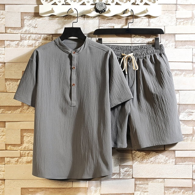 TIMIFIS Gray Men's Short Sets Outfits 2 Piece Tracksuit Short Sleeve Two Piece Cotton Linen Short Sleeve V Neck Tops And Shorts SetFall