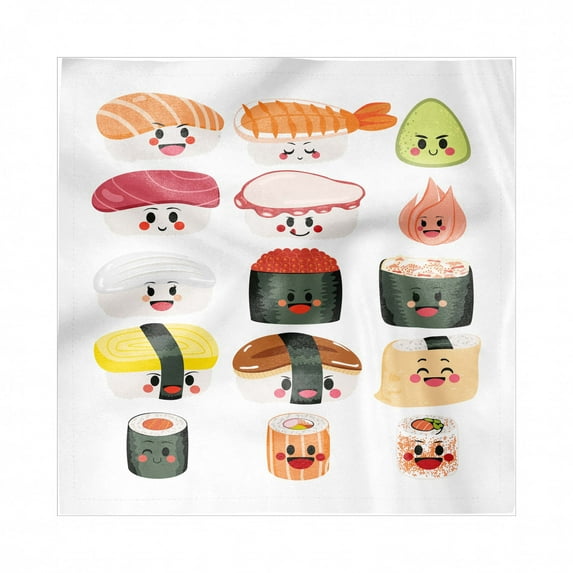 Wasabi Decorative Napkins Set of 4, Funny Cartoon Sushi Characters with Various Facial Expression on Plain Backdrop, Silky Satin Fabric for Brunch Dinner Party, 18", Multicolor, by Ambesonne