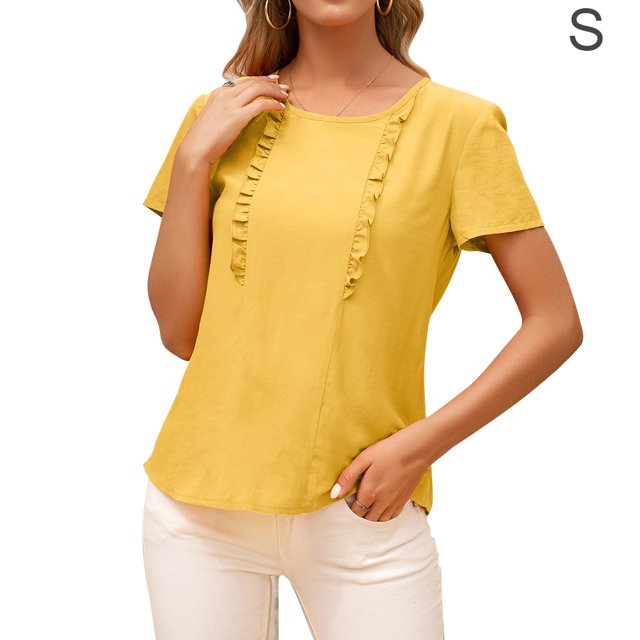 Camiseta de mujer Verano Cuello redondo Manga corta Casual Top suelto, Amarillo, S Eigraketly AP001321-05