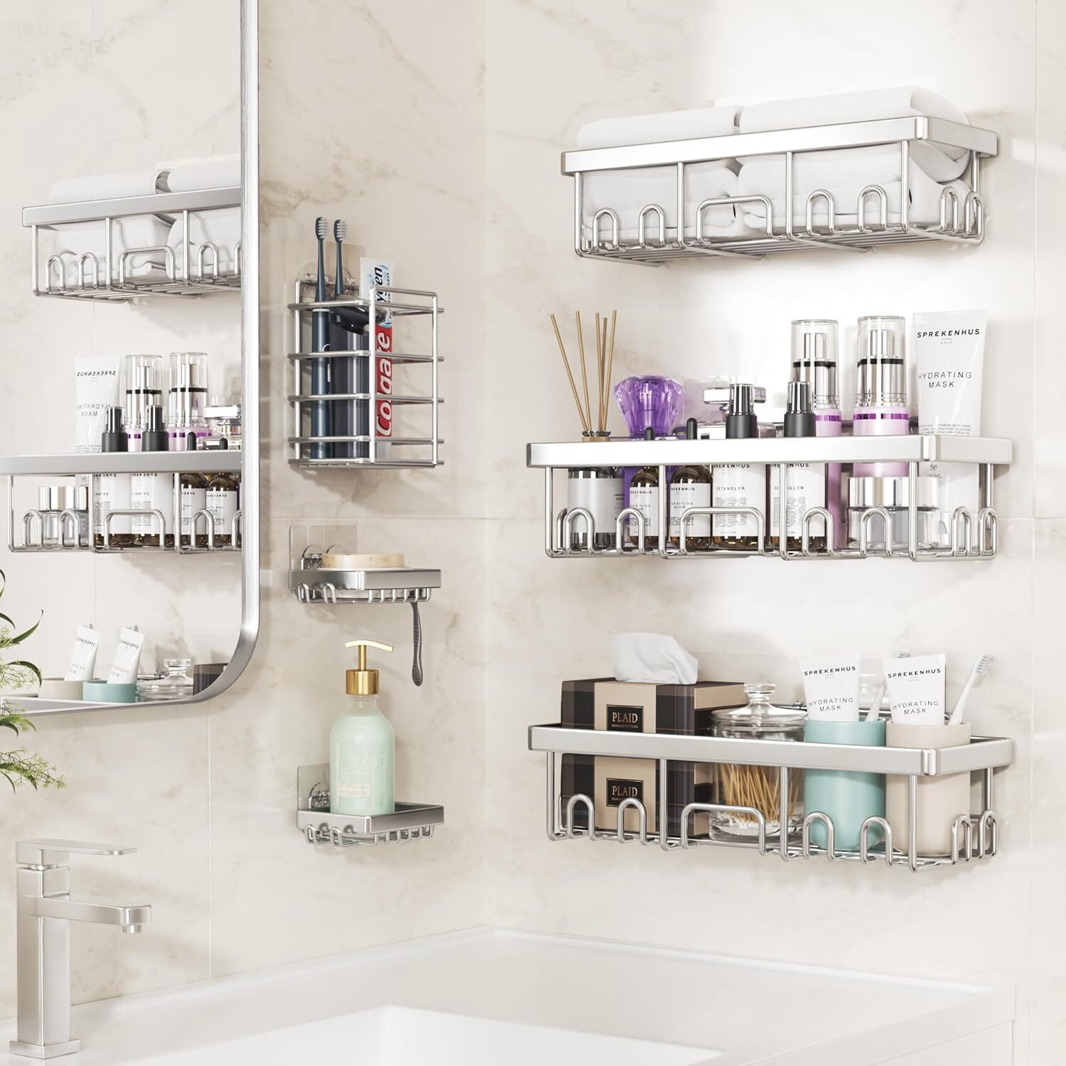 Veken Rustproof Shower Caddy 6-Pack, Ideal for Gift, Large Wall Mounted Rack, Bathroom Shelves Over Toilet, Organizer Storage Accessories with Soap Dish & Toothbrush Holder, Silver