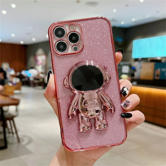 For iPhone 14 Pro Max 6.7 Inch Bling Plating Astronaut Hidden Stand Case,Cute 6D Bear Stand Glitter Phone Case for Women Girls Soft TPU Shockproof Back Cover