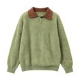 thumbnail image 4 of BODOAO Women's Fuzzy Sweater Long Sleeve Knit Pullover Contrast Polo Collar Button Detail Oversized Loose Fit Soft Cozy Casual Fall Winter Top for Women Fashion Wear Green 3XL, 4 of 4