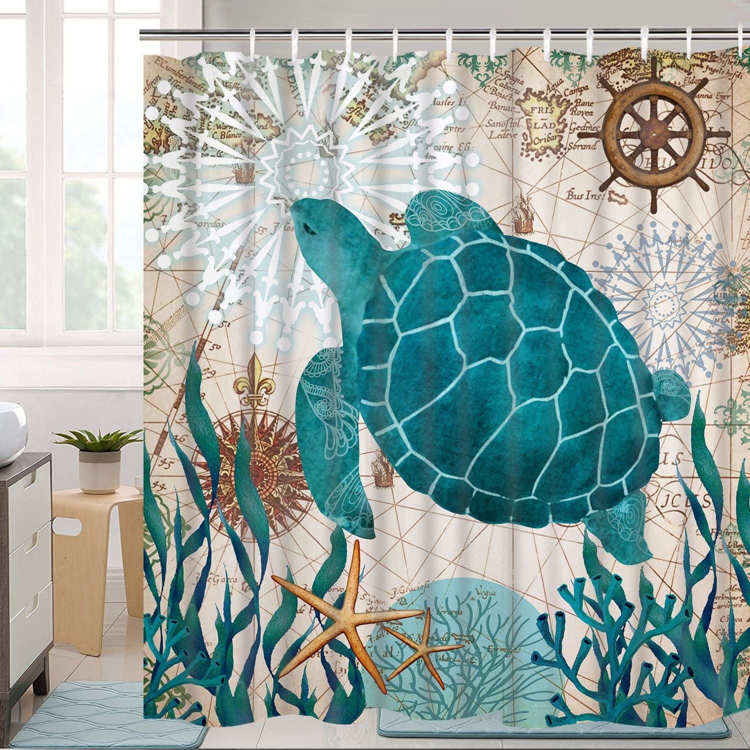 FRAMICS Blue Sea Turtle Shower Curtain Sets with Rugs, 16 Pc Nautical Ocean Bathroom Sets, Waterproof Fabric Bathroom Curtain Decor with Hooks