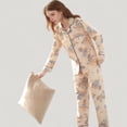 thumbnail image 3 of Women's Floral Print Satin Pajama Set Long Sleeve Button-Up Top with Contrast Piping and Matching Lounge Pants - Small, Beige, 3 of 7