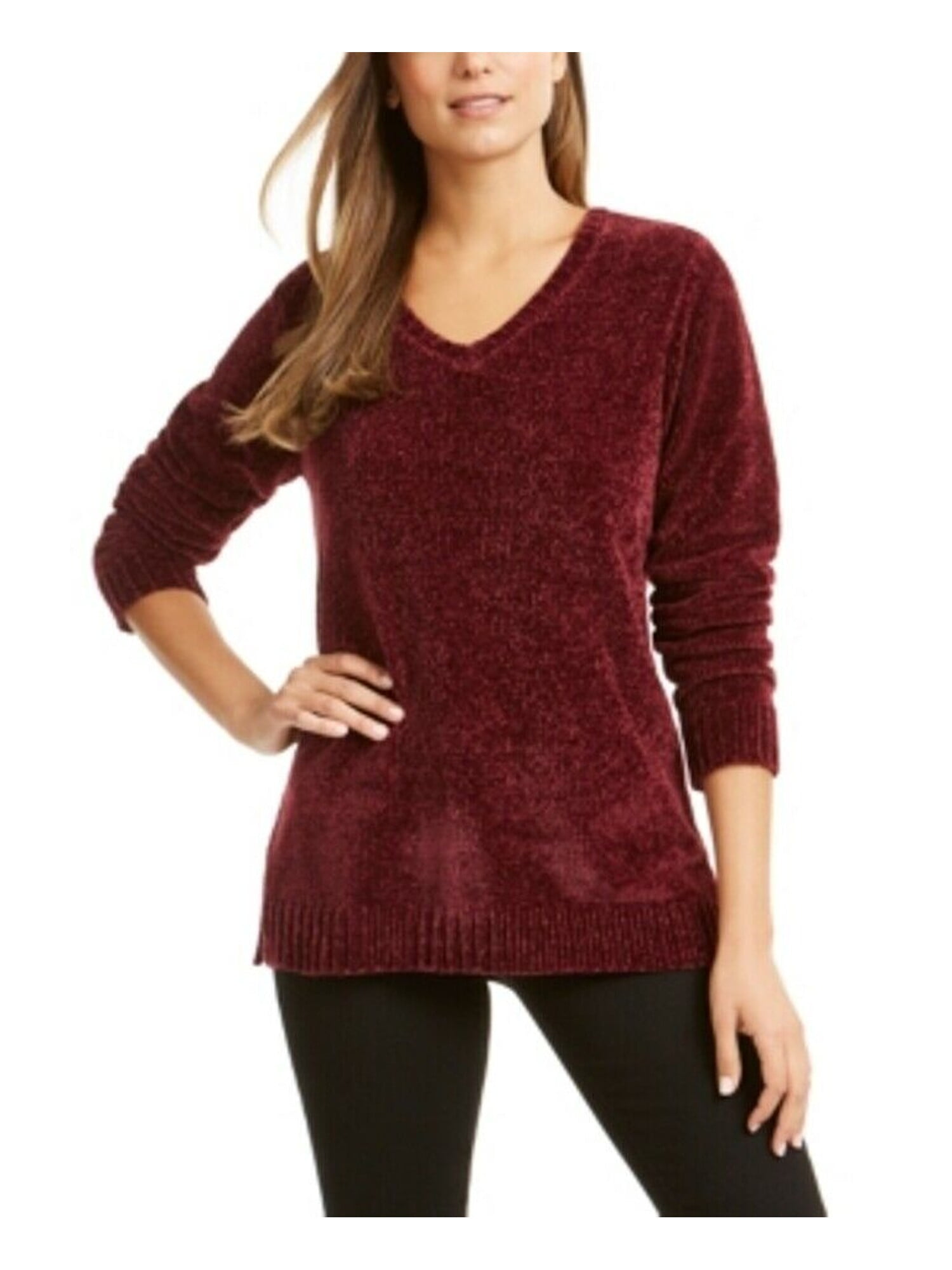 Karen Scott KAREN SCOTT Womens Burgundy Long Sleeve V Neck Sweater