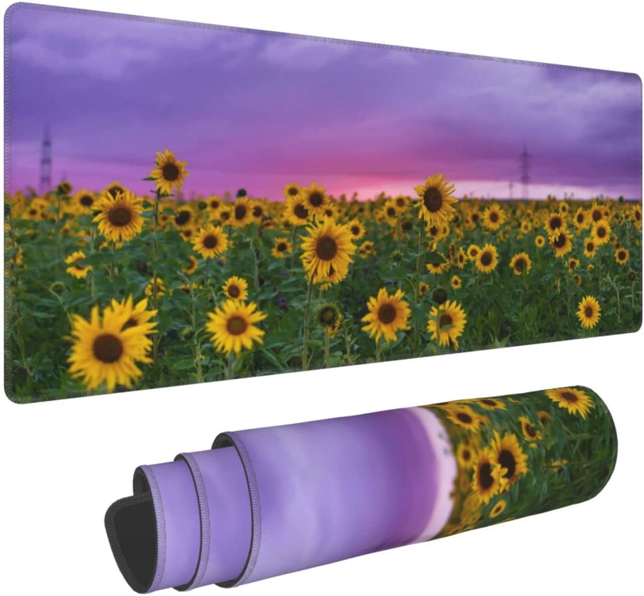 Sunflowers Under The Purple Sky Large Mouse Pads Rectangle Long Extended Big Stitched Edge Gaming Mousepad with Non-Slip Rubber Base for Desktop Laptop Keyboard 31.5 X 11.8 Inch