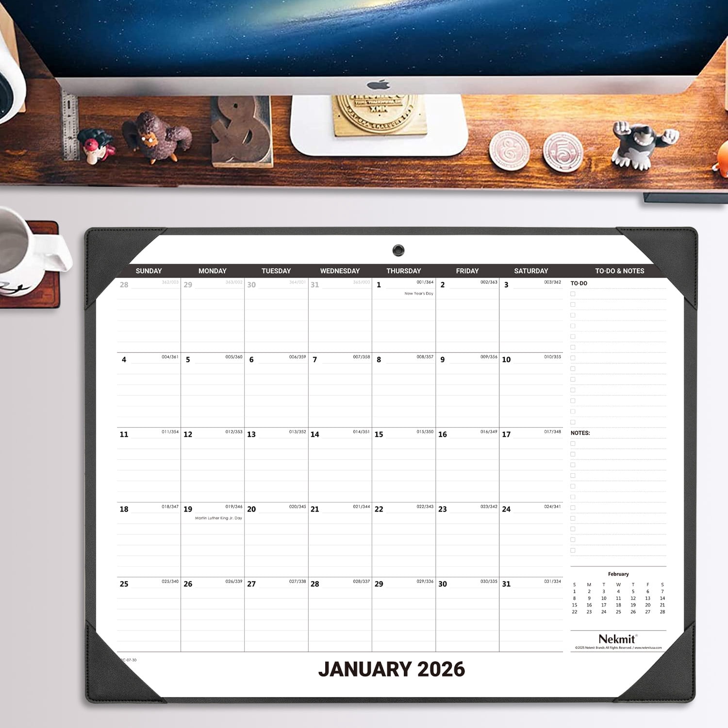 Nekmit Desk Calendar 2026-2027 with PU Desk Pad, 21" x 16 1/2", Black
