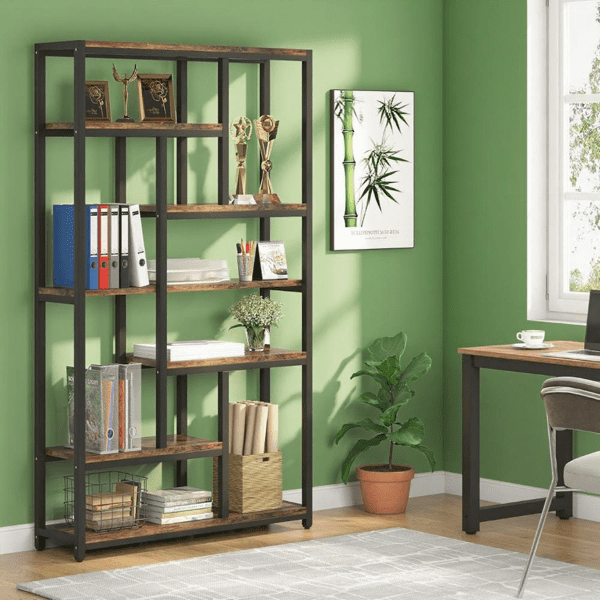 10-Shelf Industrial Open Bookshelf, Staggered Design, 30lbs/Shelf Capacity, Wall Anchors & Adjustable Feet, Tall Etagere for Home/Office