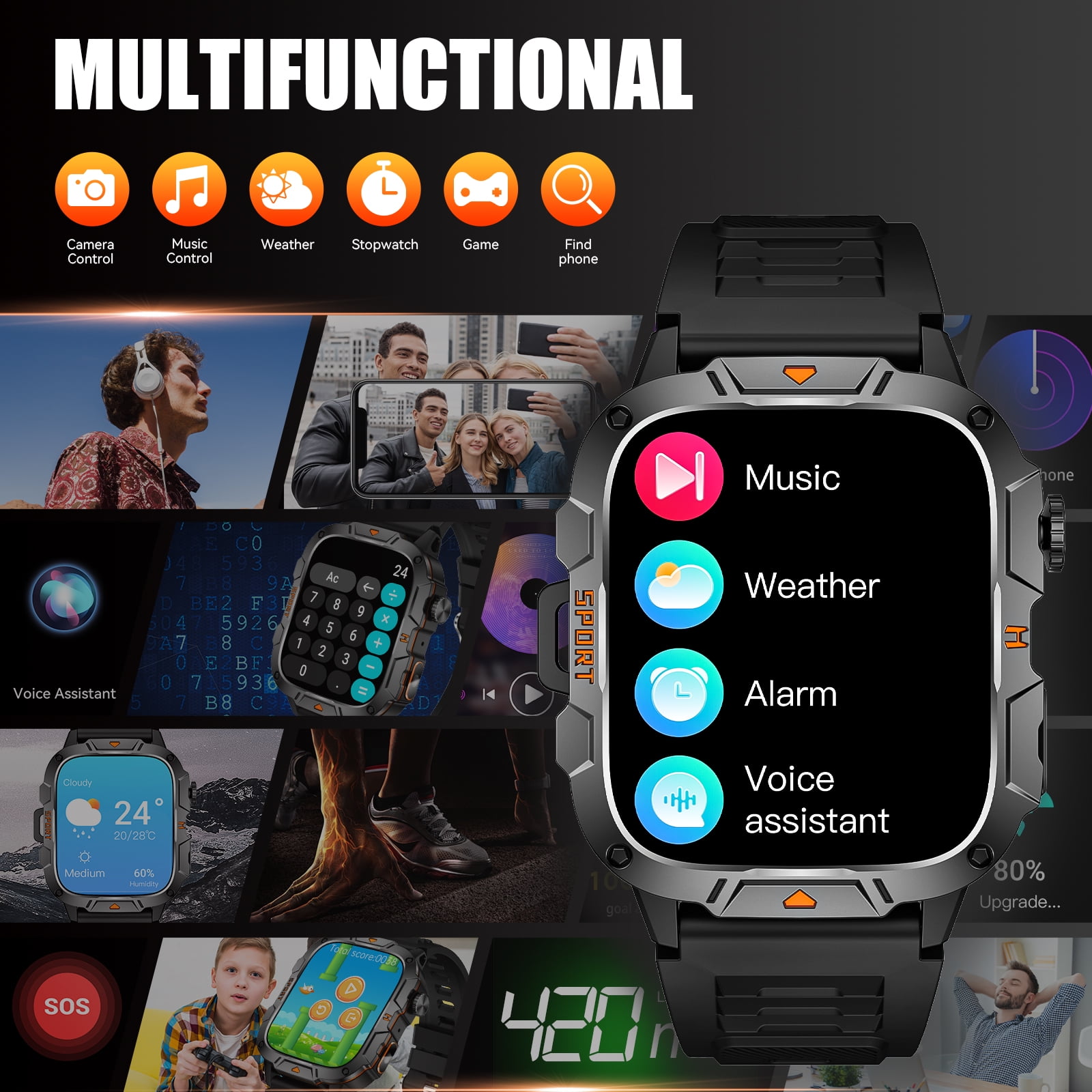 Cyberdyer Men's Smart Watch with LED Flashlight, 1.96" HD Screen, 100+ Sports Modes, 25-Day Standby, Compatible with iPhone & Android, Holiday Gift