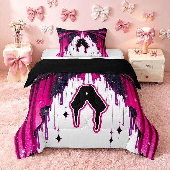 Homewish Monogrammed A Twin Comforter Sets for Girls, Black Pink Bowknot Bedding Set, Black Reversible, 2 Pieces 1 Comforter and 1 Pillowcase