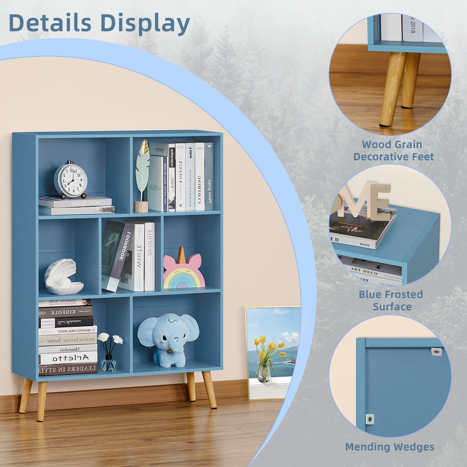 LEYAOYAO 3-Tier Bookshelf with 7 Open Cubes, Modern Wooden Storage Rack, Multi-Use Shelf for Living Room, Office, Study, Blue