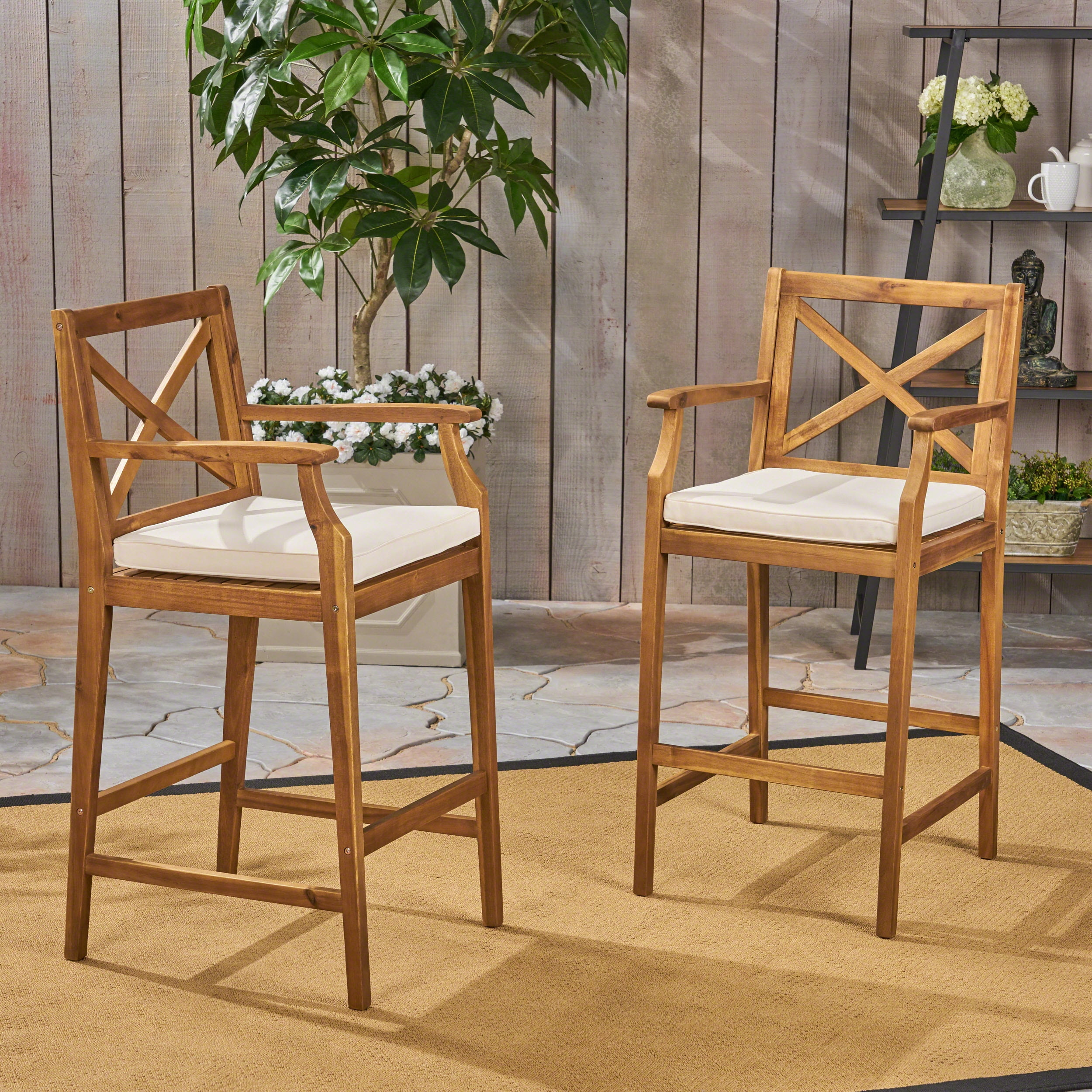 Outdoor Acacia Wood Bar Stool Set of 2, Comfort Height Seats for Patio Bar, Teak and Cream