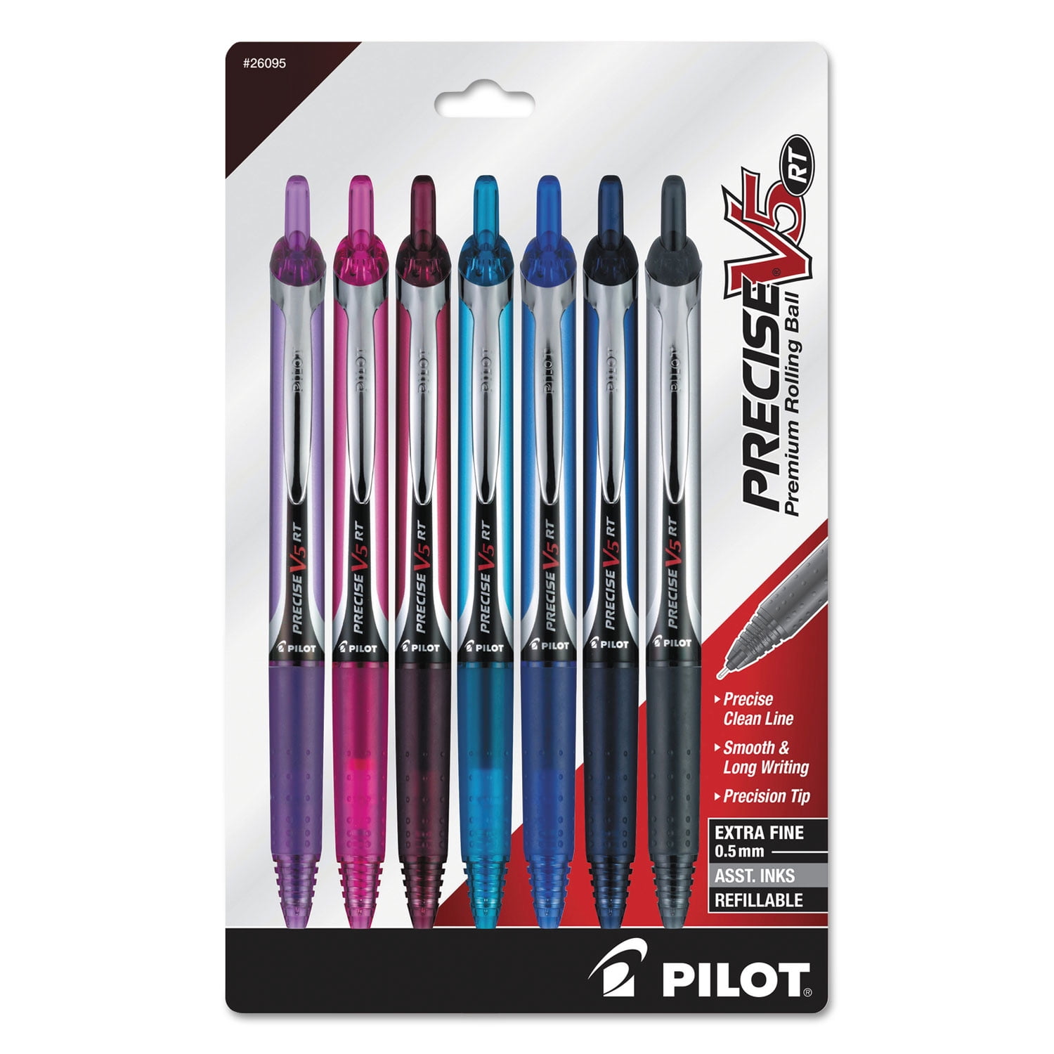 PRECISE V5 RT Premium Rolling Ball Pen - Extra Fine Pen Point - 0.5 mm Pen Point Size - Refillable - Retractable - Navy, Blue, Turquoise, Burgundy, Pink, Purple Liquid Ink - 7 / Pack