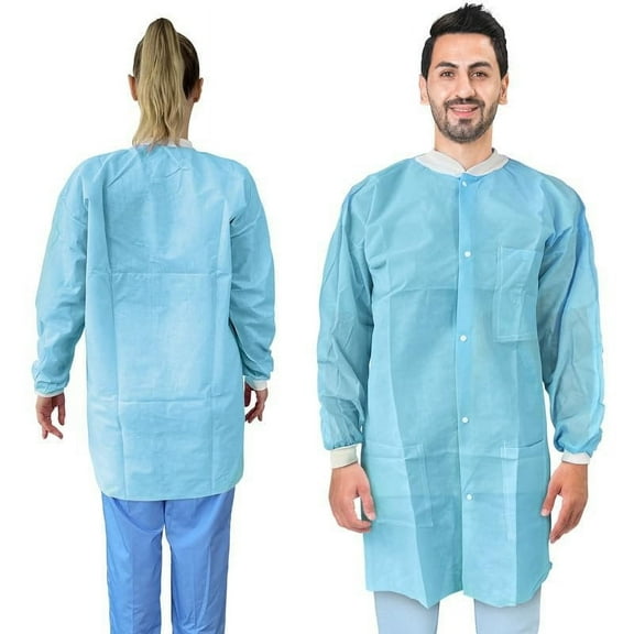 Light Blue Hip-Length Disposable Lab Jacket, 3X-Large. Pack of 100 Disposable Lab Jackets with Pockets, 32 Inch Long. SPP 45 GSM Disposable Jackets with Snaps, Knit Cuffs & Collar, 3 Pockets