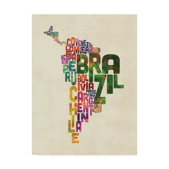 Trademark Fine Art 'Typography Map of Central and South America' Canvas Art by Michael Tompsett