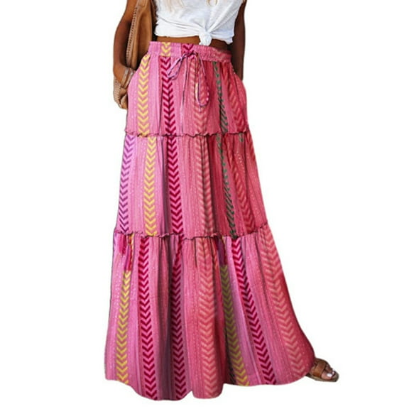 Yucgh Women's Bohemian Print Maxi Skirt with Elastic Waist & Tie, High Waisted Flowy Beach Skirt, Casual Long Summer Skirt with Side Pockets,Hot Pink,S