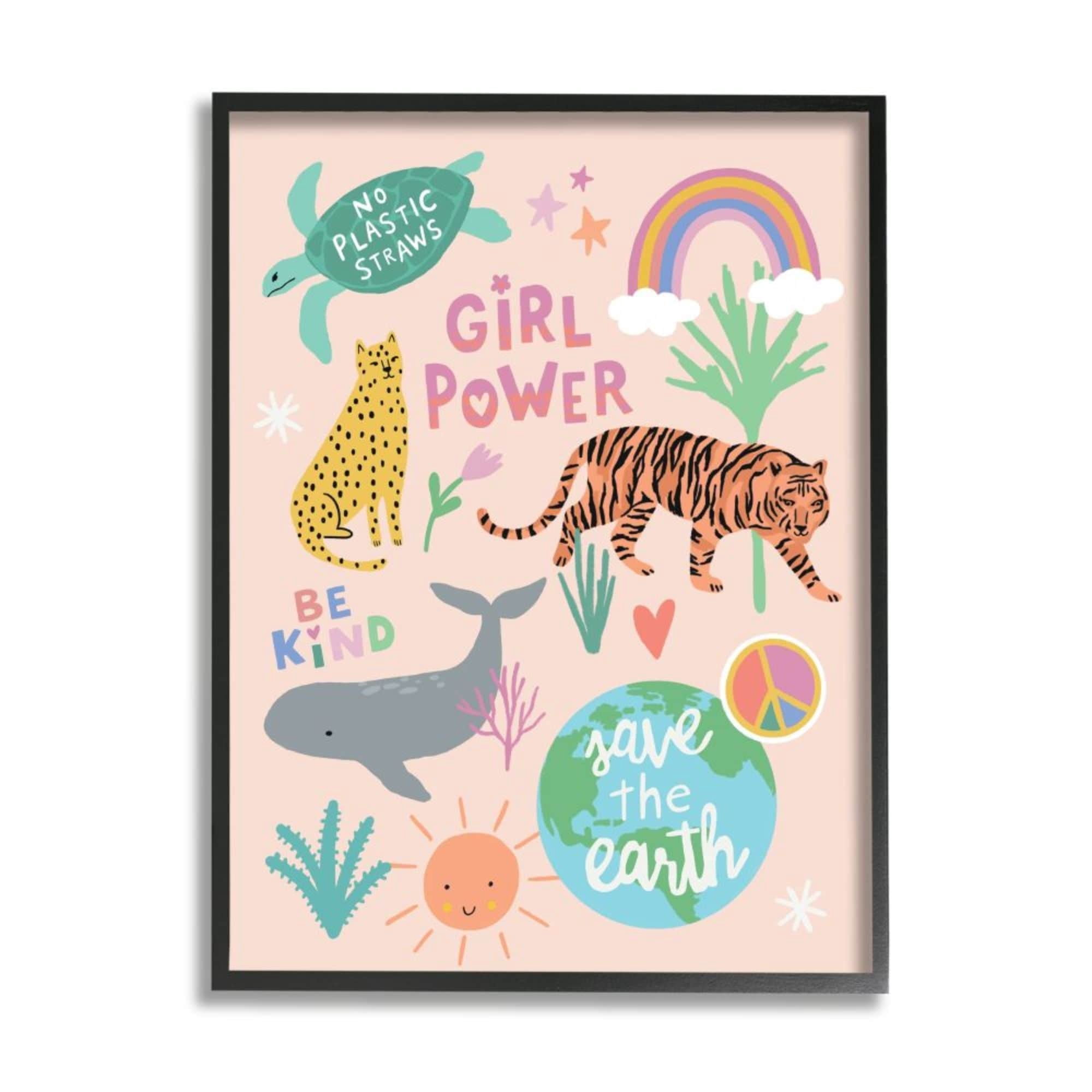 Stupell Industries Girl Power Phrases Colorful Animal Illustrations Design by Nina Seven, 11" x 14", Gray Framed