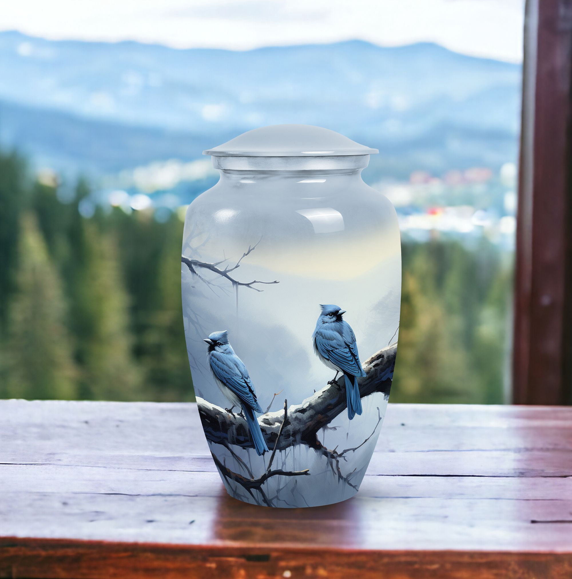 Winter Perch Of Blue Jays - Urns For Human Ashes Large Adult - Cremation Urns for Burial - Urns for Human Ashes Adult Female - Burial Urns Urn for Ashes for Women. (10inch)