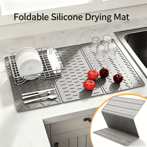 Silicone Dish Drying Mat for Kitchen Counter, Collapsible Trifold Large Dish Drainer Mat, Non-Slip Sink Mat with Hook, 24"x16", Easy to Clean