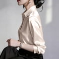 thumbnail image 4 of CaComMARK PI Women's Satin Blouse Long Sleeve Button Down Shirt Business Casual Dressy office Tops Date Night Going Out Outfits Beige, 4 of 6