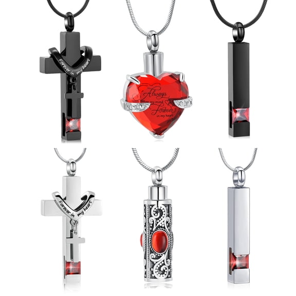 6 Pack Urn Necklace for Ashes Waterproof Stainless Steel Carved Ashes Locket with Filling Kit Heart Cylinder Cross Cubic Urn Jewelry for Ashes for Men Women