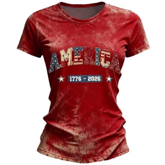 250th Anniversary USA T-Shirts for Women American Flag Map Print Retro Floral Embroidery Short Sleeve Crewneck Patriotic Casual Tees, #01 Deep Red, 3XL