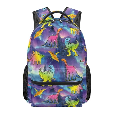 HUIACONG Colorful Dinosaur Aurora Waterproof Student Bag Sturdy Polyester Student Backpack Durable Kids School Bag for Outdoor Activities
