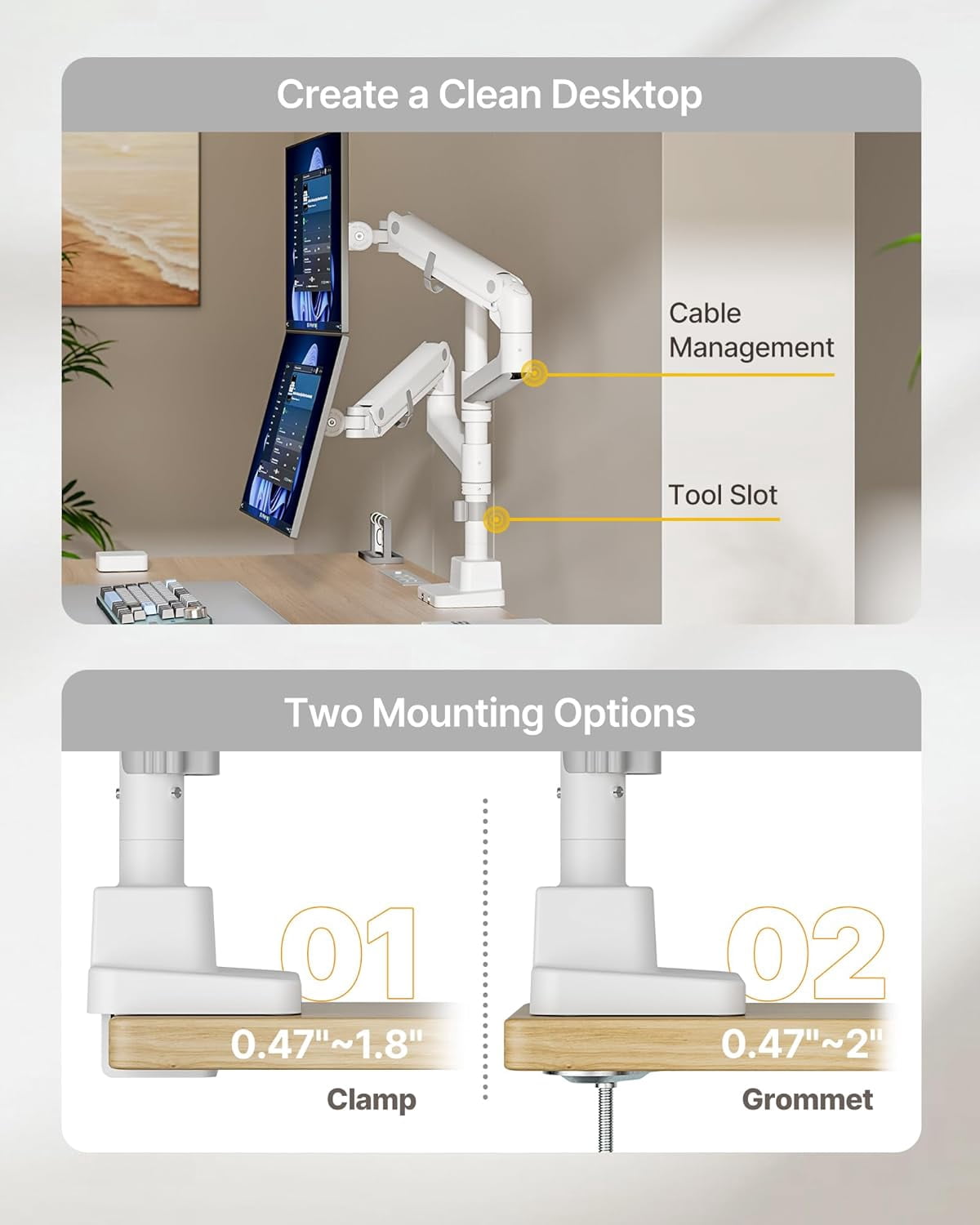 monTEK Dual Monitor Arm for 17–57 in Ultrawide Screens, Vertical Stackable Gas Spring Desk Mount Holds 59.4 lb per Screen, Adjustable Tilt Swivel Rotation, VESA 75x75/100x100, Clamp & Grommet, White