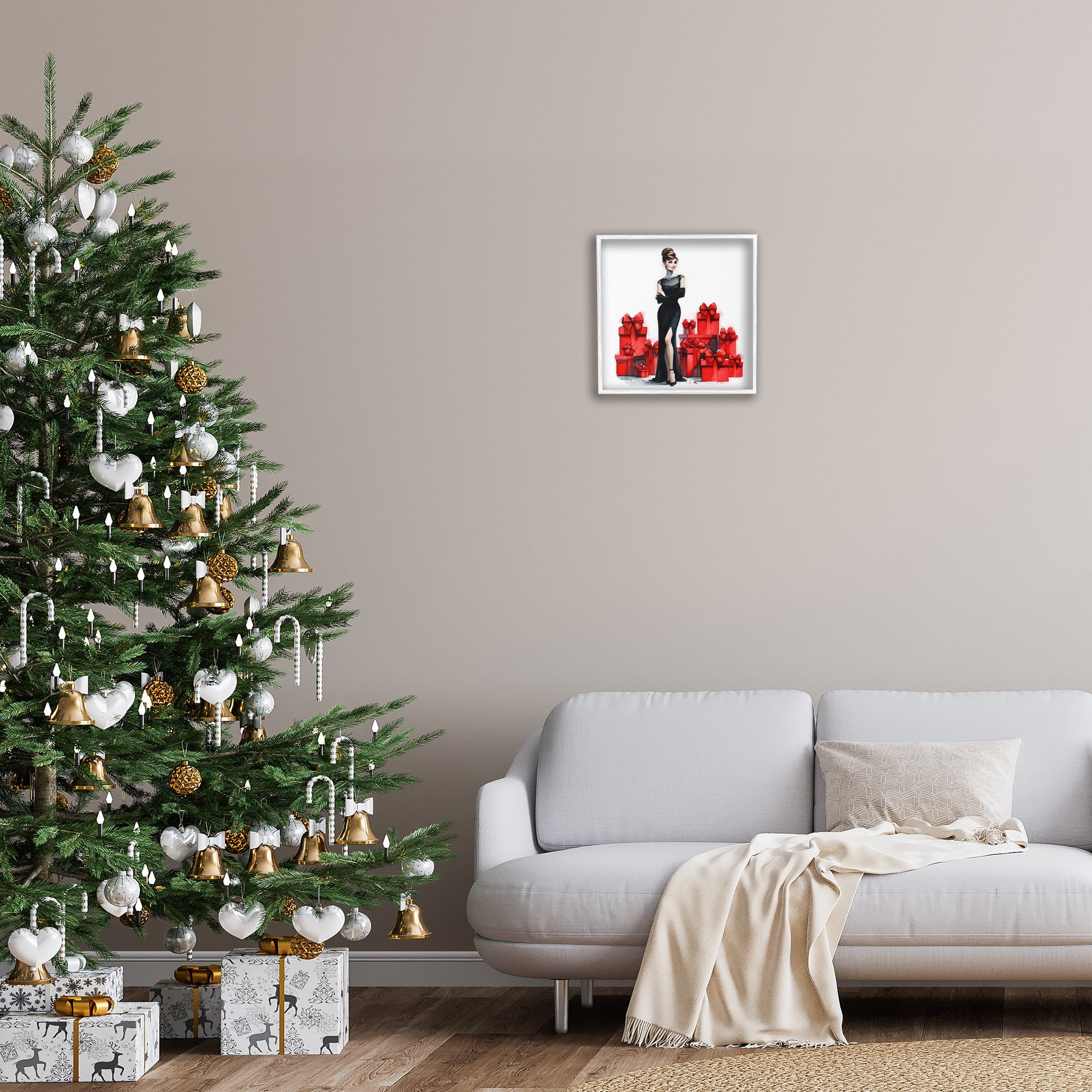 Stupell Industries Elegant Woman & Gifts Holiday Painting White Framed Art Prints Wall Art, 17 x 17