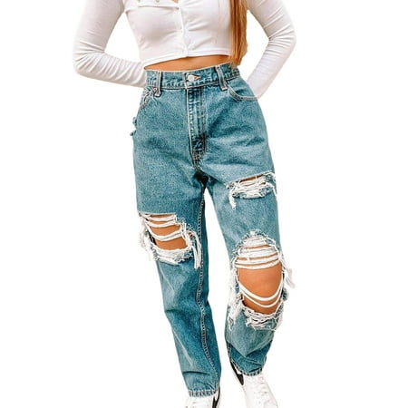 Women High Waist Jeans Y2K Frayed Boyfriend Baggy Straight Leg Street ...