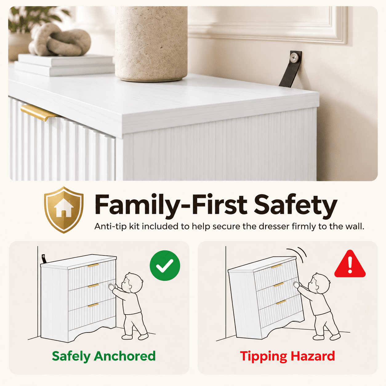 Lacoo 6 Drawer Dresser, 47'' Wide Fluted Dresser with Gold-Tone Handles, Wood Storage Chest with Smooth Glides, Modern Low Dresser for Bedroom, Living Room, White
