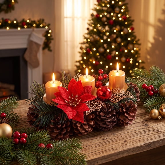 3 Candle Pinecone Christmas Centerpiece Stand with Red Berries for Mantel Shelf Winter Holiday Decor