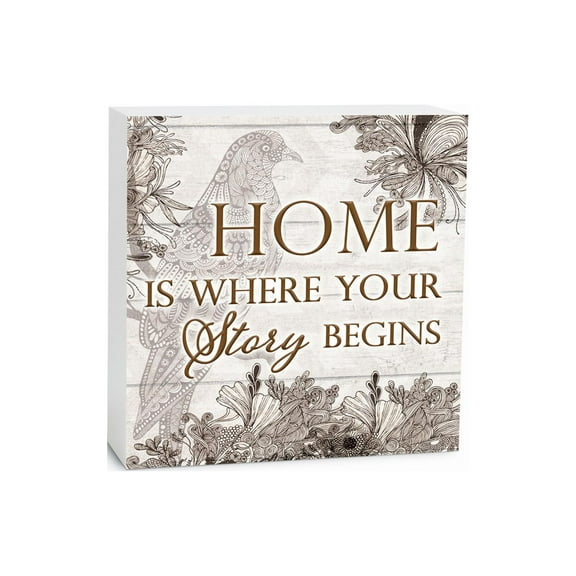 Home Where Story Begins Brown Bird Sketch 5 x 5 Wood Tabletop Sign Plaque
