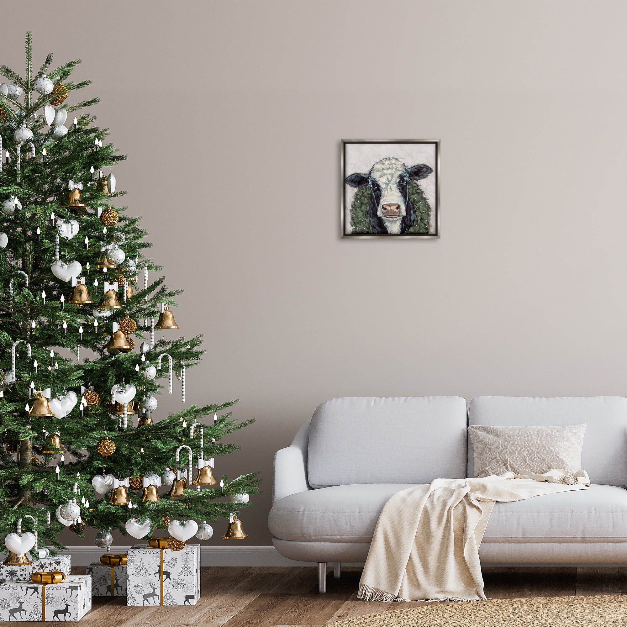 Stupell Industries Spotted Cow with Wreath Holiday Painting Gray Floater Framed Canvas Art Prints Wall Art, 18 x 18