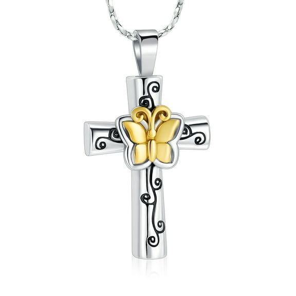 Stainless Steel Butterfly Cross Urn Necklace for Ashes Cremation Jewelry for Women Memorial Ash Holder