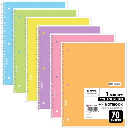 Mead Spiral Notebook, 6 Pack of 1-Subject College Ruled, Pastel Color